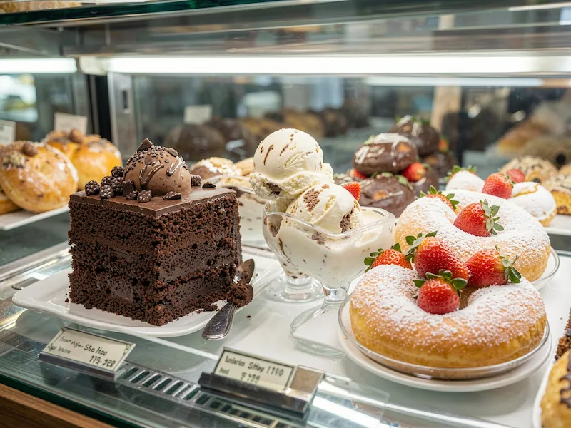slice of cake with ice cream