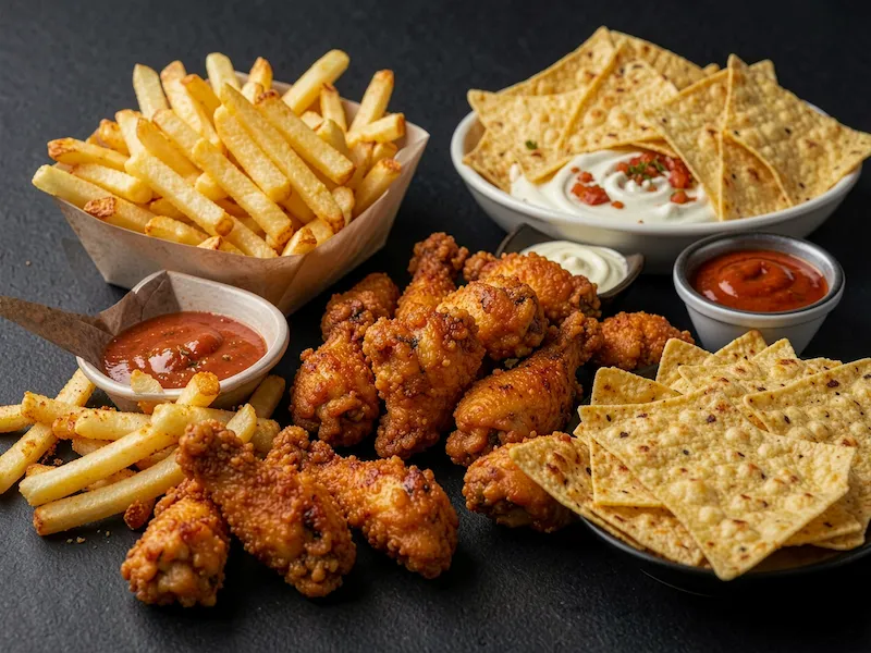 crispy fries and chicken wings