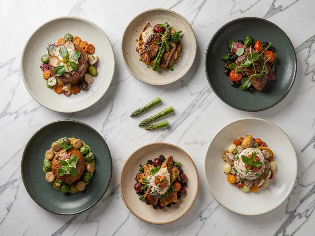 six plated dishes from breakfast to dessert, top-down view