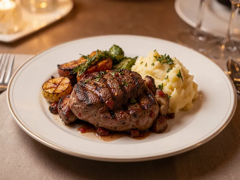 steak dinner plated with sides